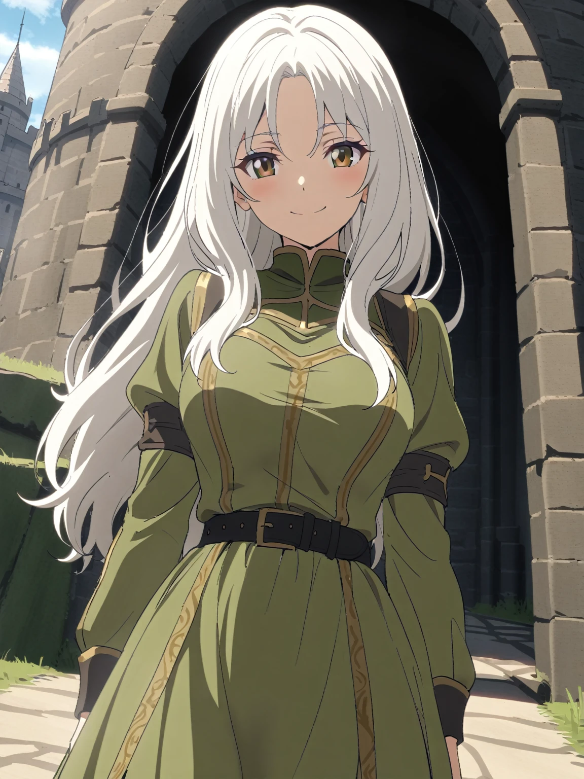{{upper body, dutch angle}} {{Artist: sincos}} 1girl, mature female, white hair, longhair, hazel eyes, medium breasts, smiling green dress, black belt with gold, outdoors, castle entrance, standing, hands on sides, pov, medieval fantasy