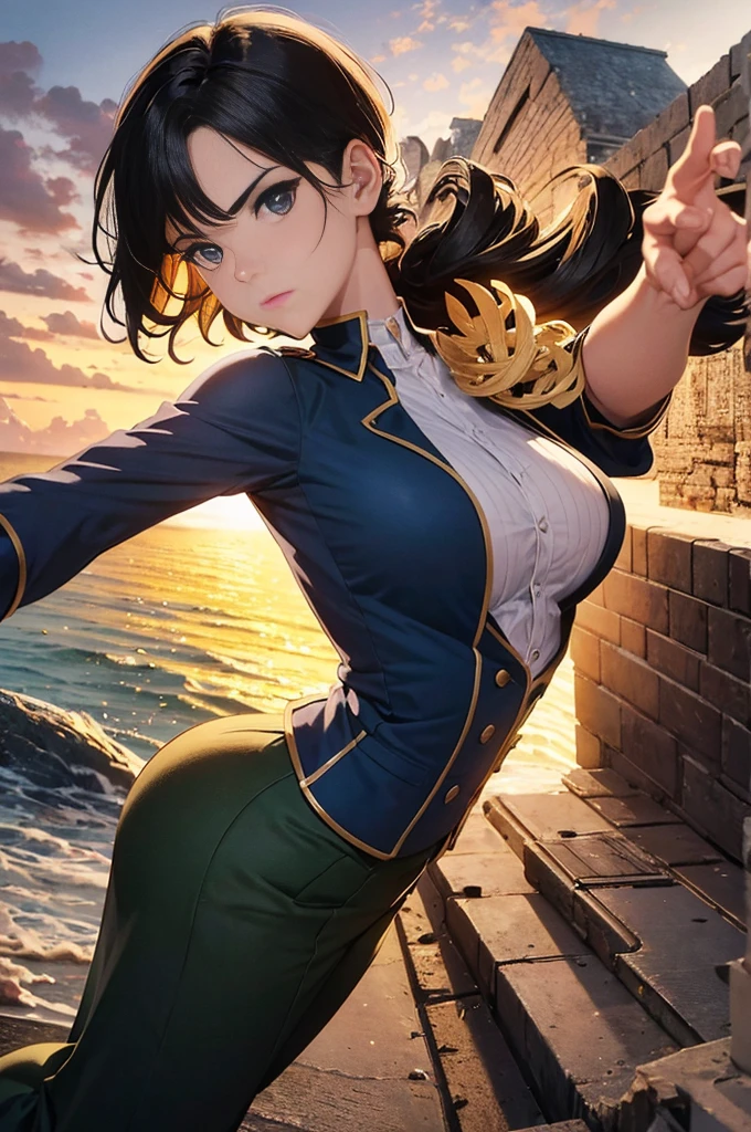 Arte Inspirada John Buscema, World War II poster, vemos uma enfermeira (1mulher)segurando uma pasta, uniforme hospitalar perfeito, short hair up to the shoulders, cor negro, olhos verdes claros, seios pequenos, corpo delgado, imponente em uma tenda hospitalar no Fronte, Cannon fire, A scene showing seriousness and conviction,peitos grandes,de baixo pra cima