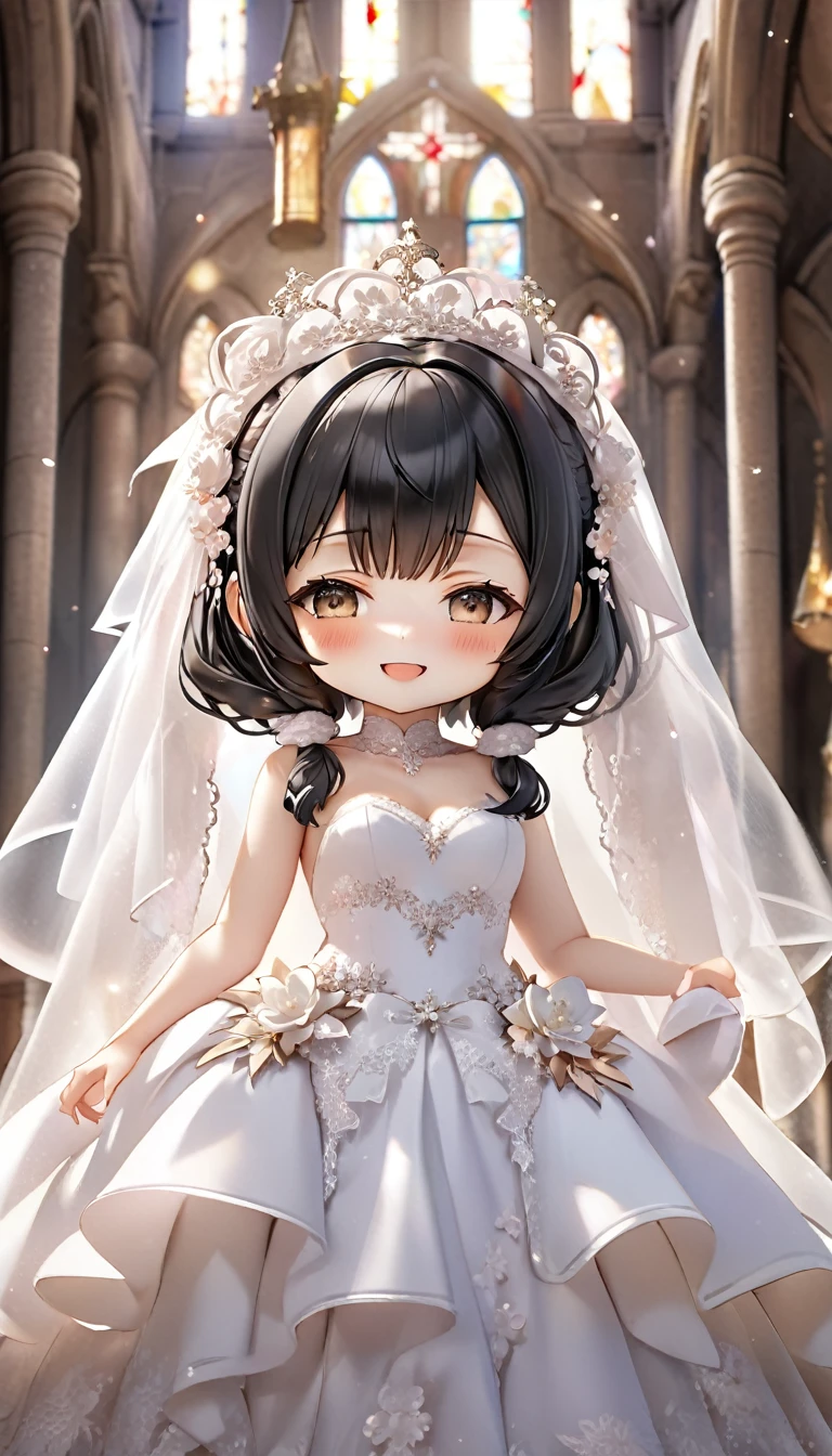 (nendoroid:2) (June Bride style) (15 yo, solo) ((blunt bangs)) black hair long hair sexy girl, sexy closed:1.2 eyes, love smile) ((makeup, rozy mouth)) (in a sexy bride A stunning silk:1.3 wedding dress), (in the divine Chapel), BREAK, perfect anatomy, masterpiece, best quality, 16k, beautiful detailed grow, daydreaming expression.