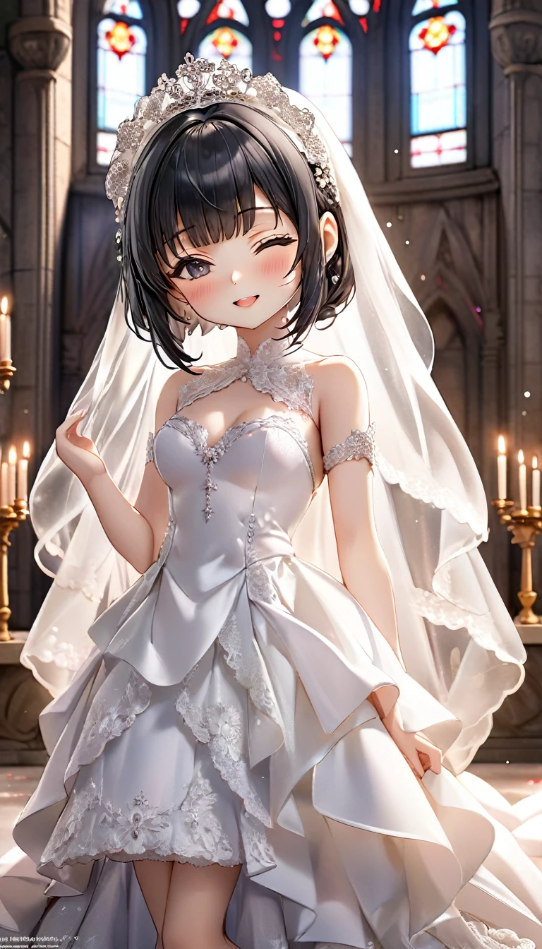 (nendoroid:2) (June Bride style) (15 yo, solo) ((blunt bangs)) black hair long hair sexy girl, sexy closed eyes, love smile) ((makeup, rozy mouth)) (in a sexy bride A stunning silk:1.3 wedding dress), (in the divine Chapel), BREAK, perfect anatomy, masterpiece, best quality, 16k, beautiful detailed grow, daydreaming expression.