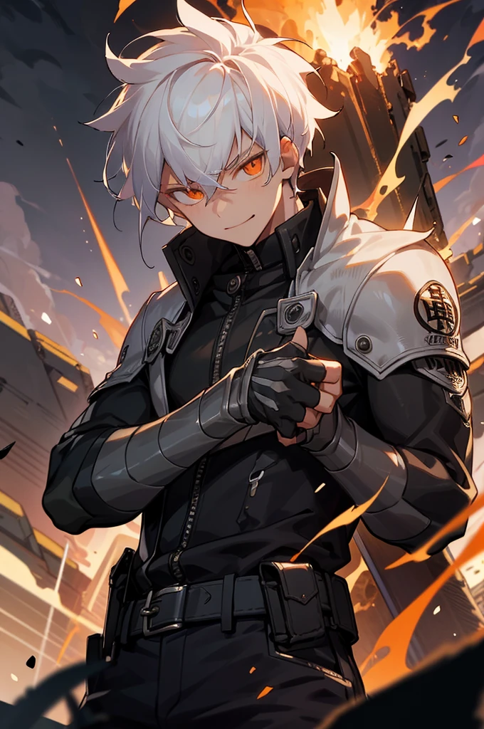 masterpiece, best quality, 1boy, white hair, open clothes, coat, fingerless gloves, belt, city, detailed eyes, fire, destruction, (night:1.4), smiling, natural ligh, orange eyes, angry eyes, looking ahead, male focus, muscles, movie composition, deth of field, bokeh (demons on the background:1.2) , fighting pose, explosions, upper,
