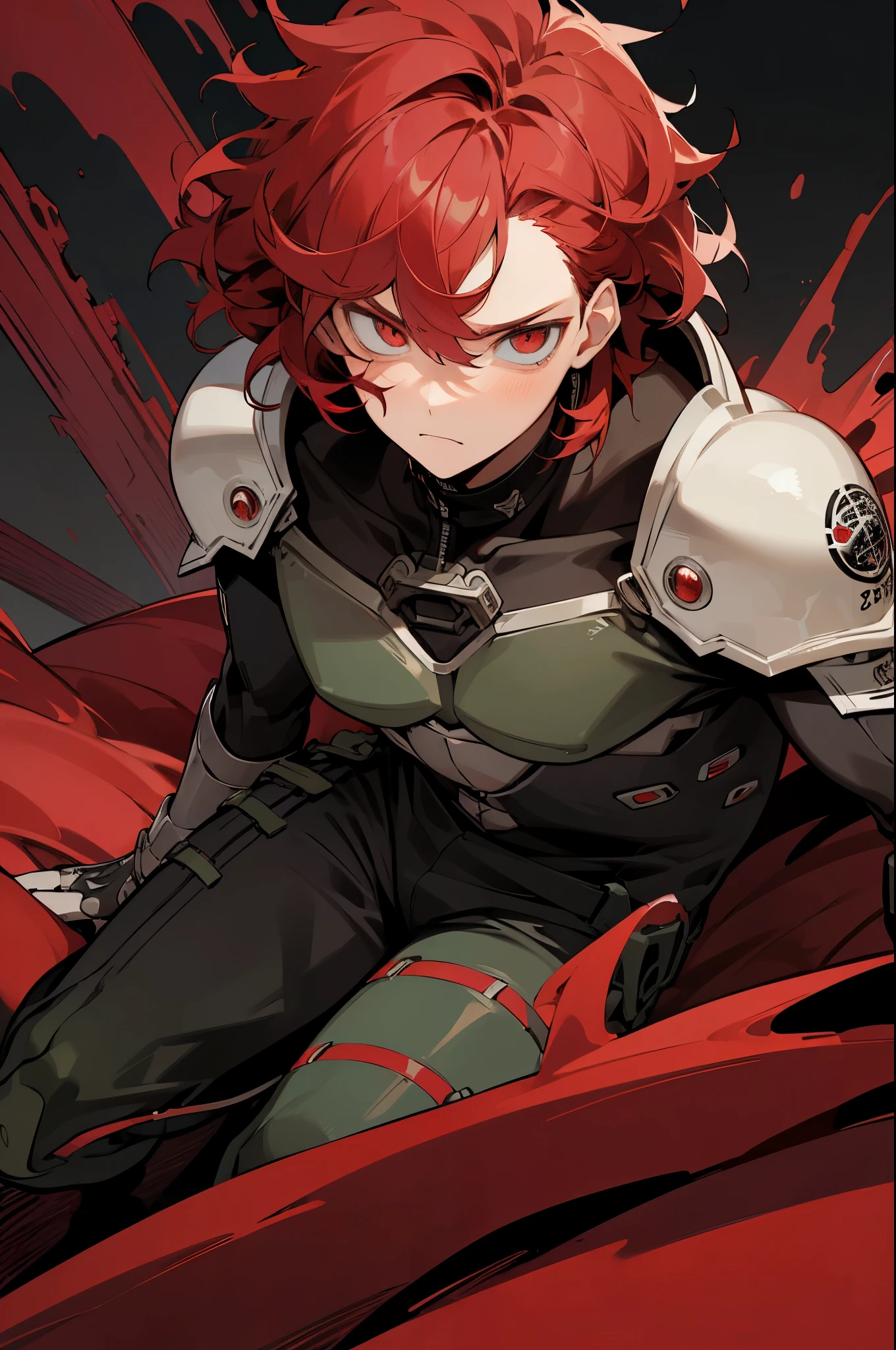 (high-quality, breathtaking),(expressive eyes, perfect face) 1male, male , solo, ager, short hair length, wavy curly hair, messy hair, red hair color, multicolored hair, deep red eye color, black red background, black and red armor, corrupted theme , age 16, serious expression