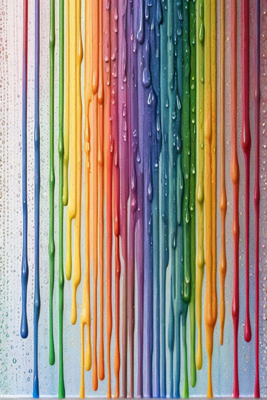a close up of a rainbow colored rain curtain with water droplets, a pointillism painting inspired by gabriel dawe, pexels, crayon art, raining rainbow, rainbow drip paint, dripping colors