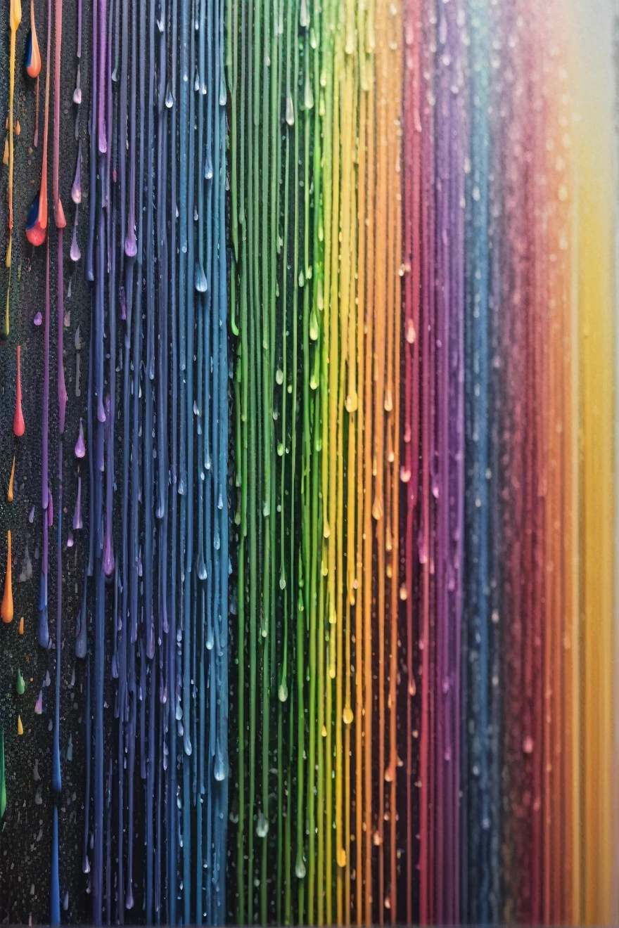 a close up of a rainbow colored rain curtain with water droplets, a pointillism painting inspired by gabriel dawe, pexels, crayon art, raining rainbow, rainbow drip paint, dripping colors