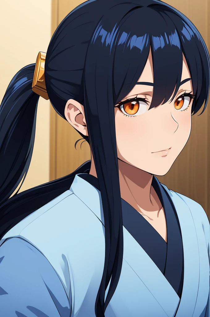 masterpiece, (solo), absurdres, portrait, ((upper body)), ((close up)), detailed background, fine detail, HDR, male, black and blue hair, long hair, ponytail, orange eyes, blue and white kimono, confident expression 