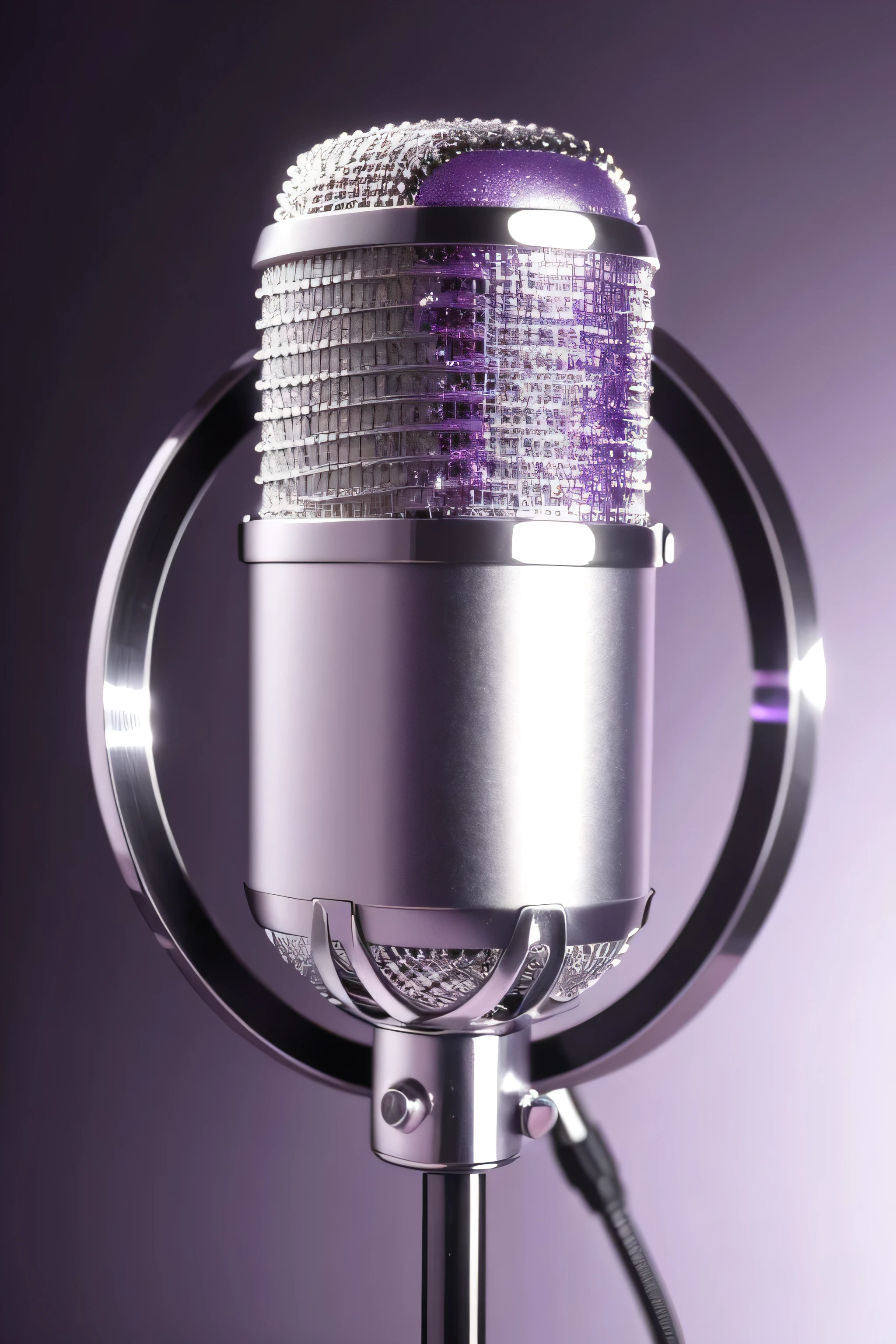 create a silver microphone, on a purple background, the microphone has a purple slime hidden from it  