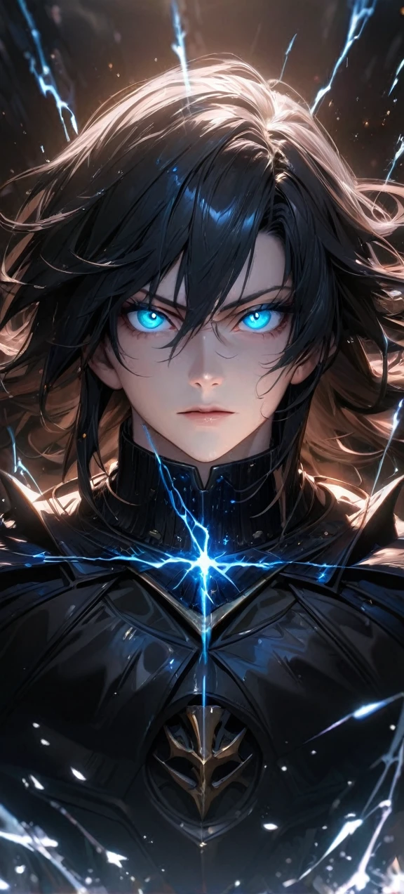 High quality, ultra realistic,absurdres, highres, ultra detailed, HDR, masterpiece, extremely detailed face and eyes, Sagitarius Seiya, Saint Saiya , Dark Armor, solo, ,man, handsome, ,white eyeleshes, blue eyes , villain expresion, black splashing effect, dark black lightning effect,glowing glitters , symetrical , black aura