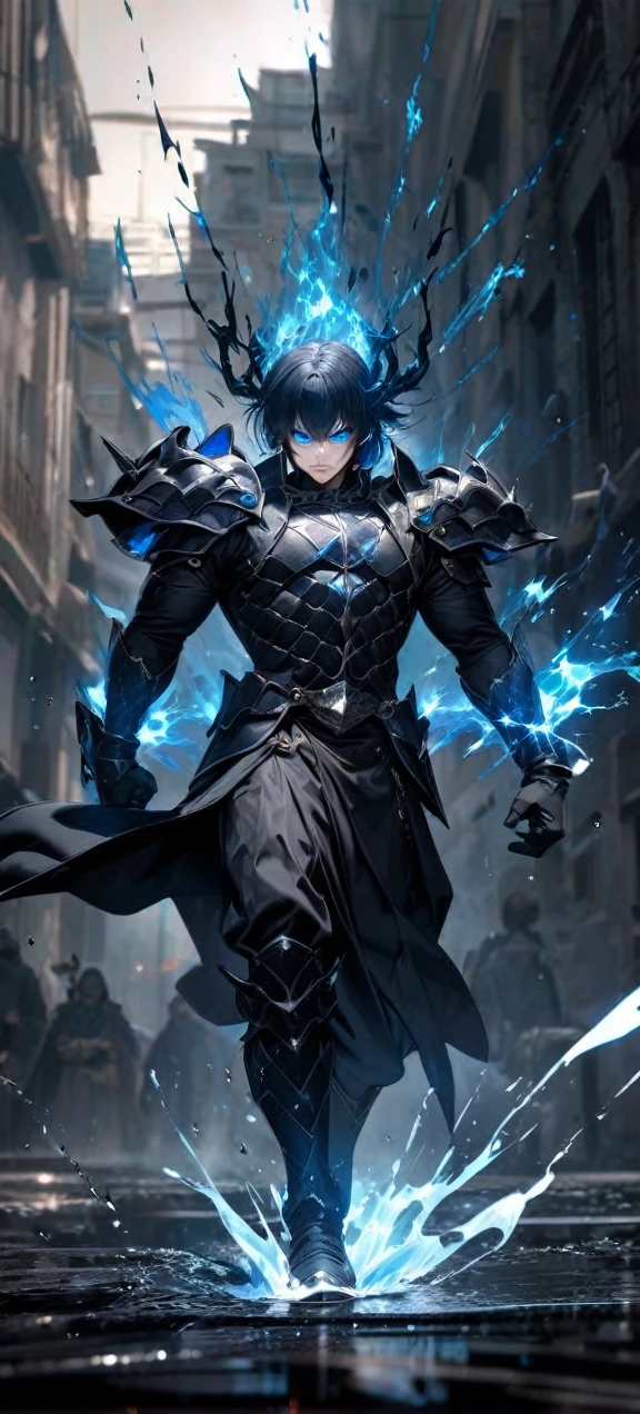  High quality, ultra realistic,absurdres, highres, ultra detailed, HDR, masterpiece, extremely detailed face and eyes,  Sagitarius Seiya, Saint Saiya , Dark Armor, solo, ,man, handsome, ,white eyeleshes, blue eyes , villain expresion, black splashing effect, dark black lightning  effect,glowing glitters , symetrical , black aura