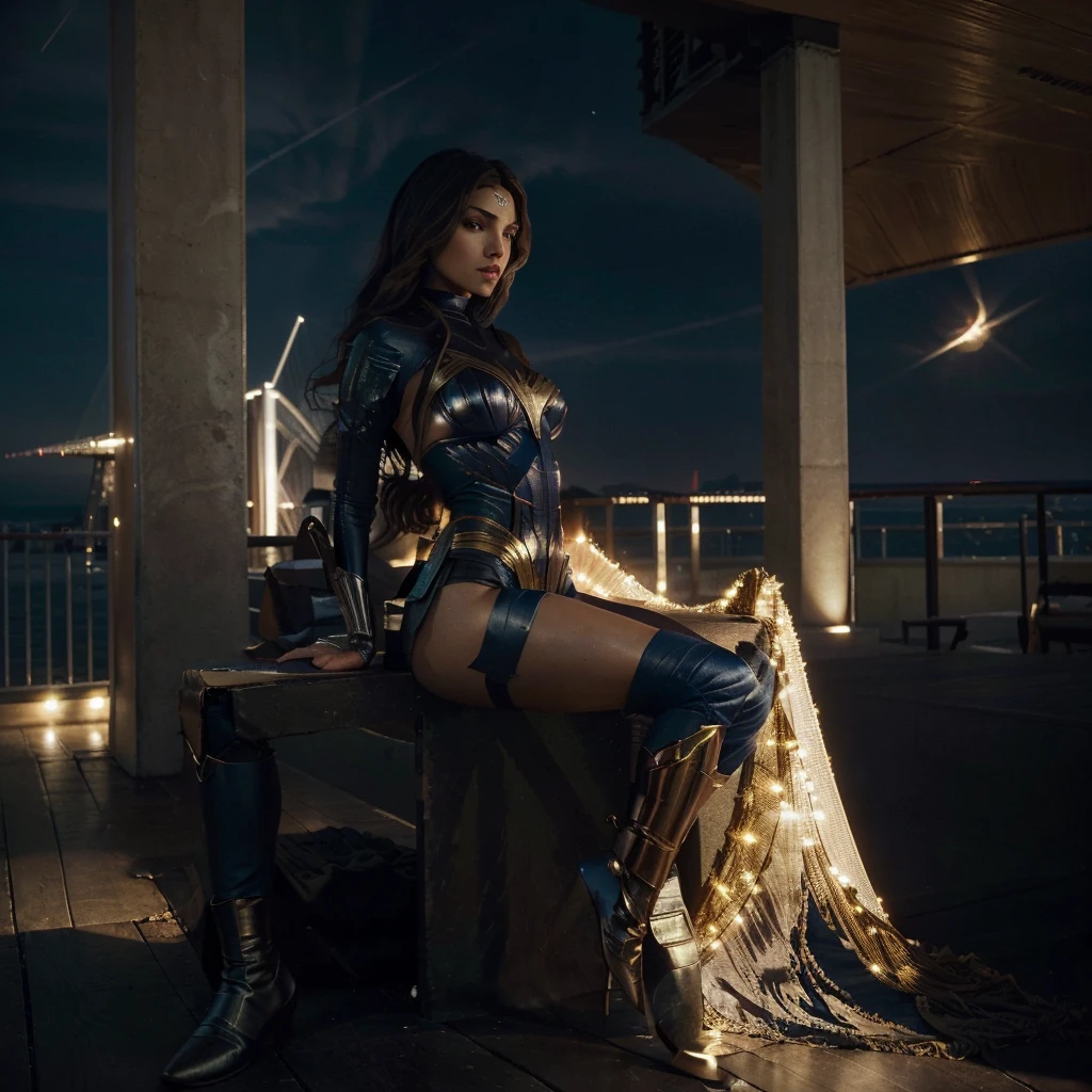 Hyper-realistic 16K image with modern futurism style, inspired by innovative conceptual art. | Eiza González as Wonder Woman, presenting a mix of classic and futuristic elements in her costume, which combines the traditional colors of red, blue and gold with touches of neon and advanced technology. His shining, metallic armor is intricately detailed with lines of electric blue light that run along its contours, highlighting his power and majestic presence. Her brown eyes radiate determination and strength, while her black, wavy hair flows in the wind, adding dynamism to the scene. | She is positioned atop a rocky hill, interacting with her glowing lasso of truth that emits an intense golden glow, engaging herself in a dynamic and powerful pose. | The composition follows the rule of thirds, with the camera at a low angle to emphasize his heroic stance, capturing his figure in a long shot. | Stunning cinematic lighting effects highlight the contrasts between light and shadow, creating an epic and vibrant atmosphere. Realistic depth of field, combined with a slight blur in the background, brings out the sharpness of foreground details, while the futuristic cityscape in the distance adds context and depth. | A stunning shot of Eiza González as Wonder Woman, in a dynamic pose, holding her lasso of truth in an epic futuristic setting. (((full_body_shot))) | (((((The image reveals her in a full-body_shot, striking an extroverted_pose, leaning enticingly on a structure within the scene. She assumes a relaxed_pose as she interacts, leaning on the structure in the scene, reclining gracefully to add an extra allure to the image))))). | ((perfect_body)), ((perfect_pose)), ((full-body_shot)), ((perfect_fingers, better_hands, perfect_hands)), ((perfect_legs, perfect_feet)), ((perfect_design)), ((fix_errors, perfect_composition) ), ((very detailed scene, very detailed background, perfect_layout, correct_imperfections)), ((fix_errors, More Detail, Enhance))