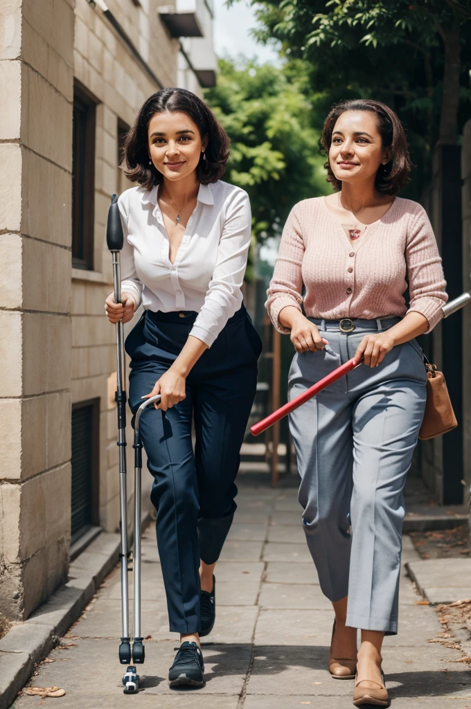 Women with polio disability walking with callipers and crutches