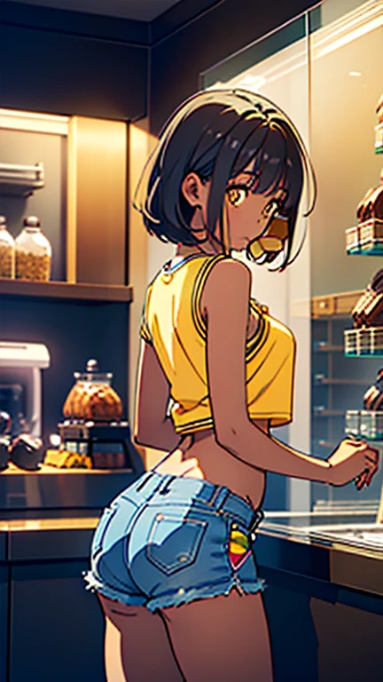 masterpiece, best quality, dark skin, short hair, yellow eyes, black hair, beautiful girl, thin, full body, tall girl, ((casual male clothes)), ((kawaii)), ((cute)), plan boobs, short boobs, small boobs, ((short chest)), ((big butt)), ((wide thigh)), front view, eating chocolate, aquarium background