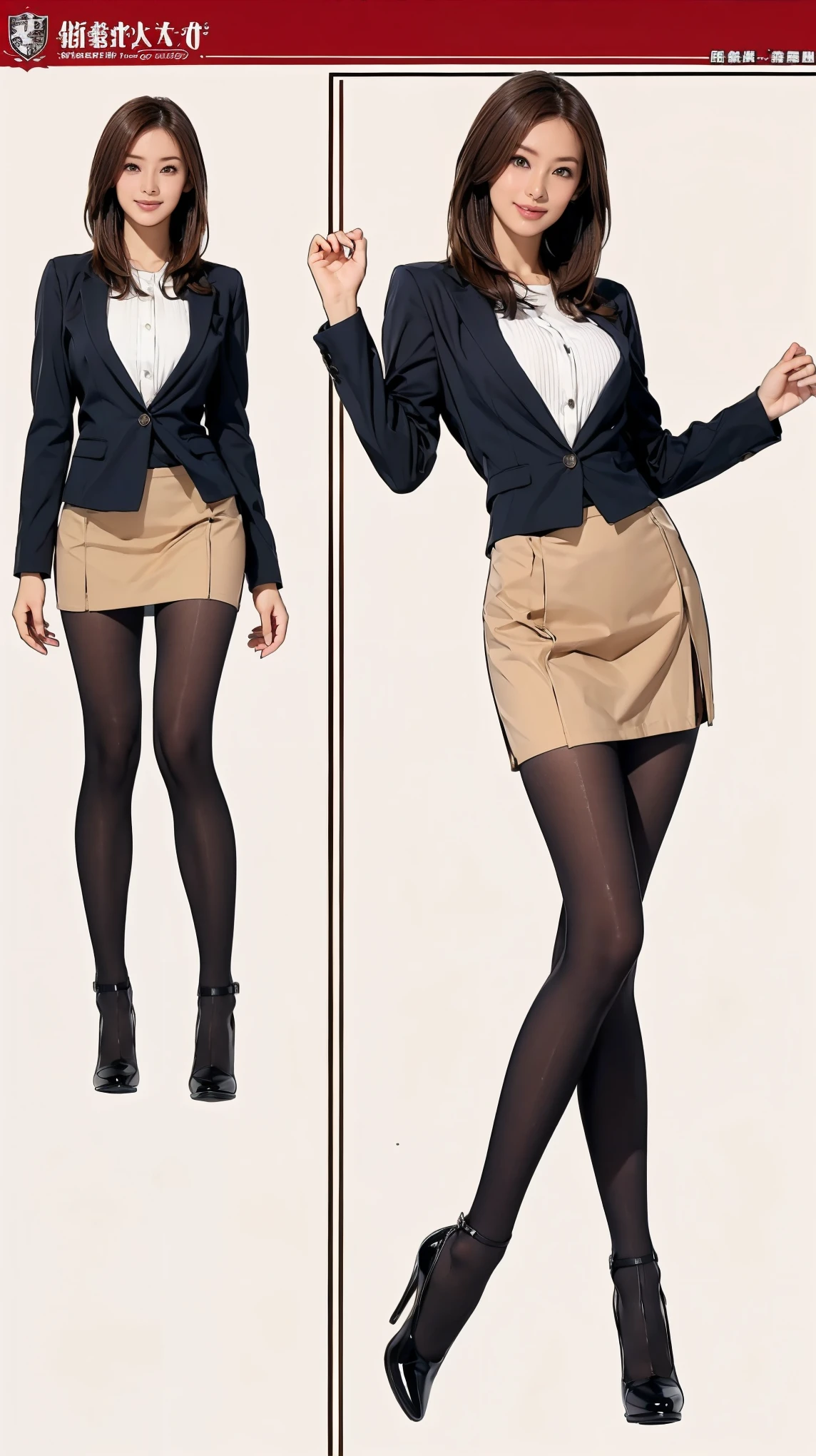 ((masterpiece)),(((Highest quality))),((Character design sheet)),Thin thighs,Long legs,Wearing black tights:1.5，The best smile:1.5，Full Body Shot:1.5，Posing, Wearing a tight miniskirt、 Wearing a business jacket,  (Semi-long hair:1.3), (Light brown hair:1.3), Wearing high heels、