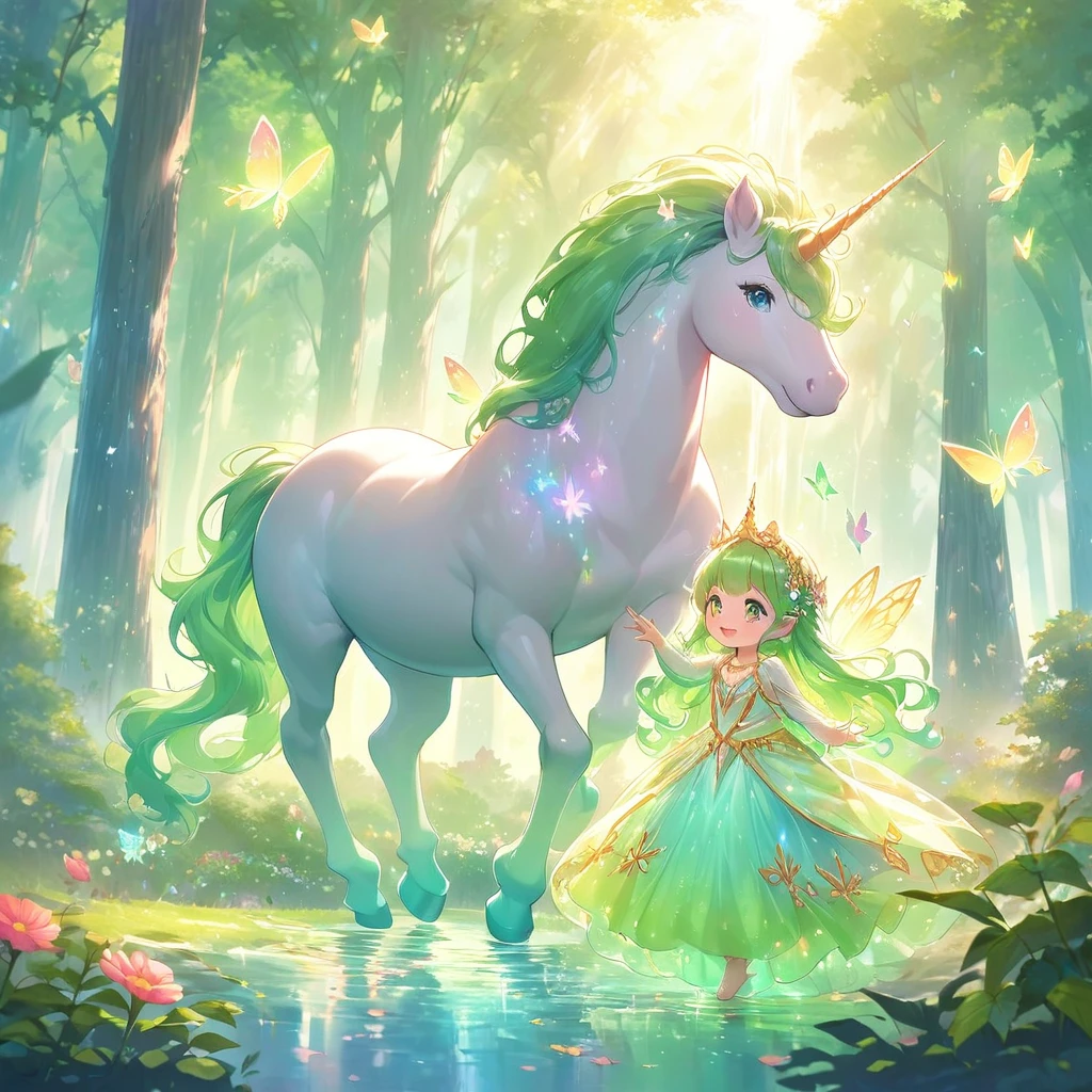 A mythical and magical scene that kids would love, with vibrant colors and a sense of wonder. The main focus is on a majestic unicorn. The unicorn has a radiant, shimmering coat and a graceful, flowing mane. Its horn is glowing with a soft, ethereal light. The forest is filled with towering trees, covered in vibrant foliage in different shades of green. Sunlight filters through the branches, casting enchanting patterns on the forest floor. Sparkling fairy dust dances in the air, creating a dreamy atmosphere. In the distance, there is a sparkling waterfall, cascading down into a crystal-clear lake. The water shimmers and ripples in the sunlight, reflecting the beauty of the surrounding landscape. Colorful flowers of various shapes and sizes dot the ground, adding a touch of whimsy to the scene. Children are drawn to this magical place, their eyes filled with awe and excitement. Their laughter fills the air as they play and explore the enchanting forest. They are dressed in bright, playful clothes, complementing the joyful atmosphere. Some of them are riding the unicorn, their faces beaming with joy and wonder. Others are chasing butterflies or picking petals off the flowers. The whole scene is bathed in a warm, golden light, giving it a magical and welcoming ambiance. This beautiful artwork is created with expert craftsmanship and attention to detail, capturing the imagination of both young and old. The high-quality resolution brings out the intricate details, making it a masterpiece for anyone to behold. no humans