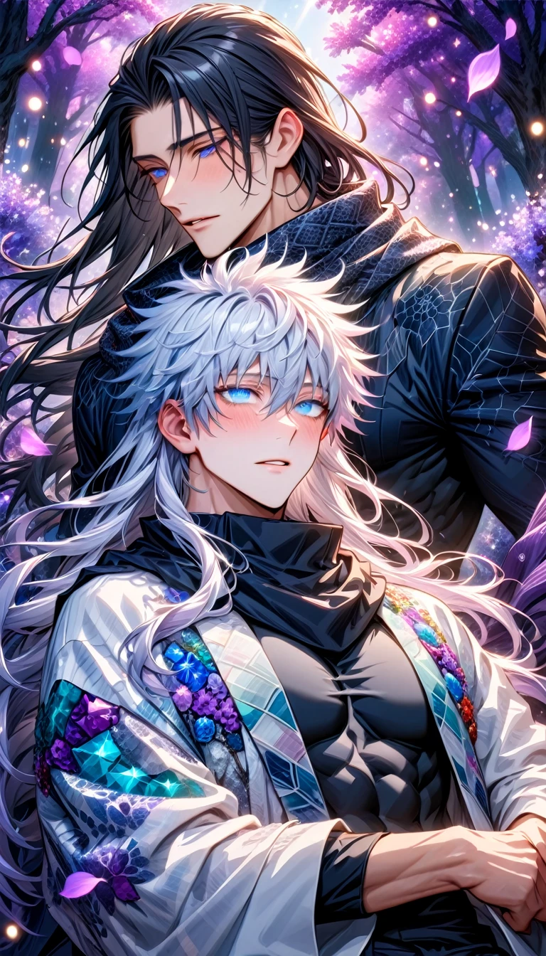 Ultra detailed, highres, absurdres, HDR, master piece, Gojou Satoru, white hair with bangs, long hair, hair between the eyes, blindfolded eyes, Fushiguro Megumi, black hair, expressive blue eyes, long hair, black scarf with patterns, white haori, Jujutsu Kaisen, fantasy, purple and violet petals, violet forest, purple flowers, handsome, two sexy man together, gay couple, yaoi, love, magical, shining fireflies, best quality, extremely detailed face, black tight shirt, toned chest