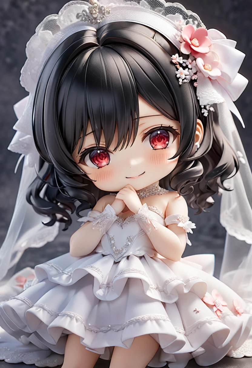 (nendoroid:2) (June Bride style) (15 yo, solo curly:1.3 black hair long hair lovely girl, detailed cute red eyes, love smile) (in a sexy bride A stunning silk dress), (in the room), BREAK, perfect anatomy, masterpiece, best quality, 16k, beautiful detailed grow, daydreaming expression.