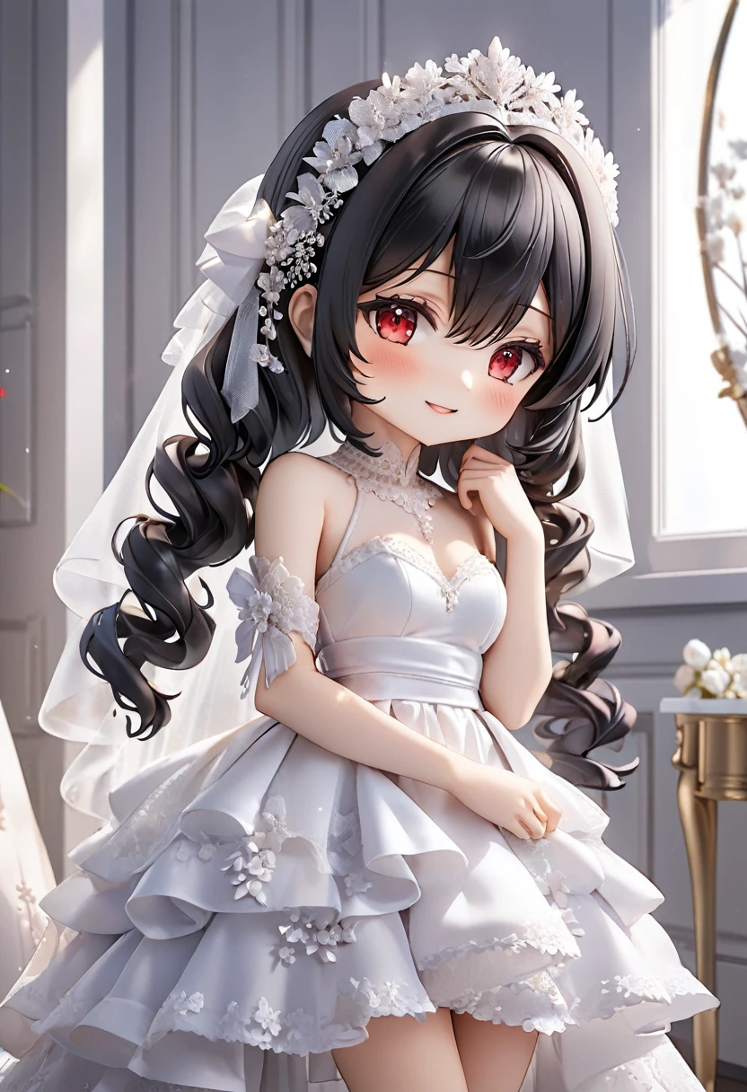 (nendoroid:2) (June Bride style) (15 yo, solo curly:1.3 black hair long hair lovely girl, detailed cute red eyes, love smile) (in a sexy bride A stunning silk dress), (in the room), BREAK, perfect anatomy, masterpiece, best quality, 16k, beautiful detailed grow, daydreaming expression.