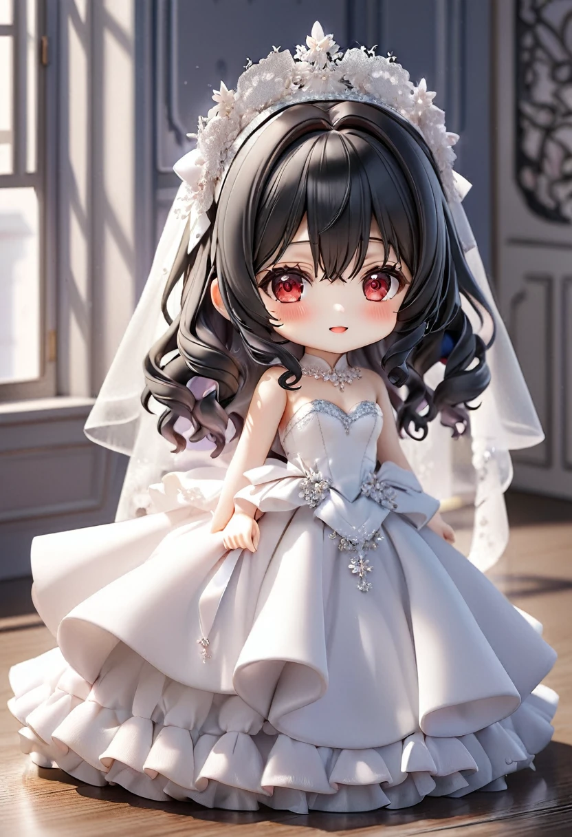 (nendoroid:2) (June Bride style) (15 yo, solo curly:1.3 black hair long hair lovely girl, detailed cute red eyes, love smile) (in a sexy bride A stunning silk dress), (in the room), BREAK, perfect anatomy, masterpiece, best quality, 16k, beautiful detailed grow, daydreaming expression.