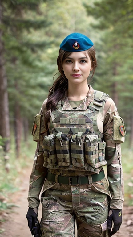 front view, full body,  looking at viewer,  1 female is Denmark princess, White girl ,Age: 20 age-old,  blond hair,  chignon, detailed blue eye,little smile,((( Denmark military camouflaged uniform set:1.3))),  camouflaged glove, green beret, armed with 2 pistols, in combat, realistic uniform, fit, chest protection, united states military, camouflaged, American patter, American patch bulletproof vest, covered skin, bullet proof vest, weapon, gun, (((assault rifleM4a1, M4a1 sopor, standing))), stand on battle field, forest,  accurate, anatomically correct, textured skin, super detail, high details, high quality, best quality, 4K,