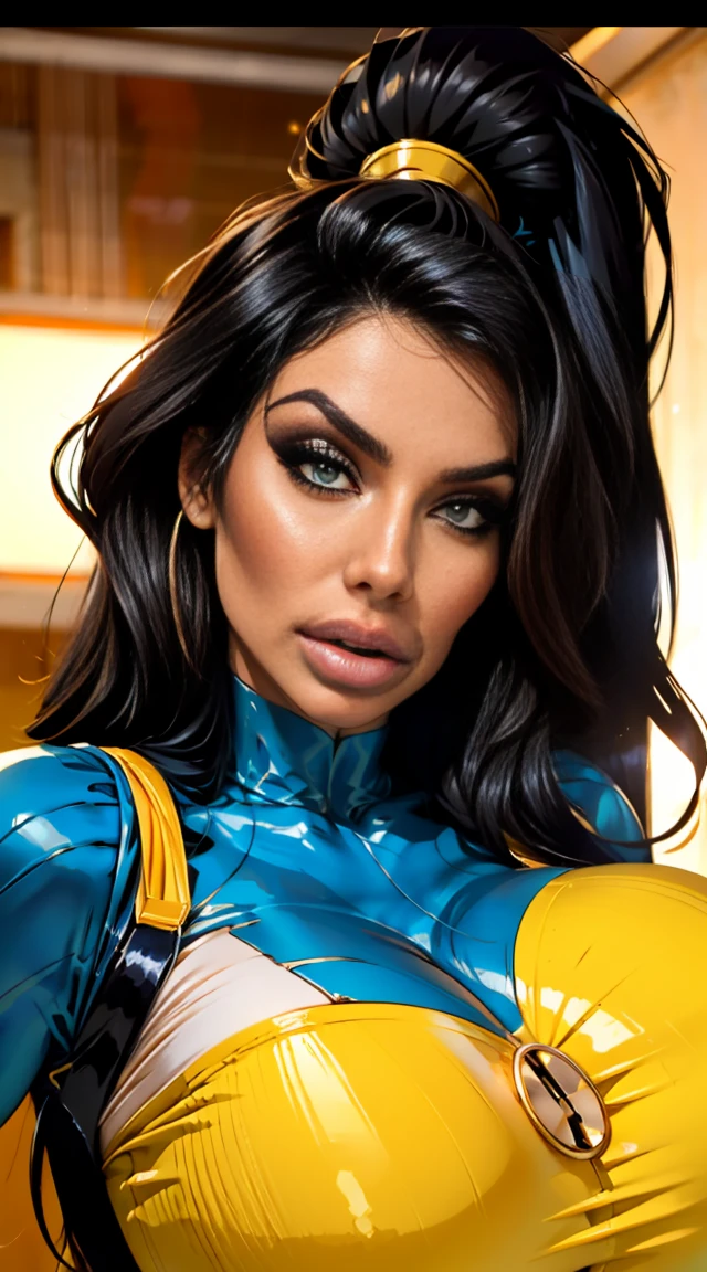 Rita Faltoyano a sexy yellow armor with blue circuits, cleavage, futurista cyberpunk, longas meias de renda branca(((corpo inteiro))) no painel de quadrinhos, corpo todo, bold lineart illustration comics, Cabelos preto longo, olhos azuis sedutores, parted lips, Corpo perfeito, big boobs, big booty, curved, Fitness, nsfw, ao estilo de Adam Hughes, (((obra prima))), (((adulto))) Explore retro-futuristic aesthetics, highlighting your confidence and skill. In the top of building. big city night