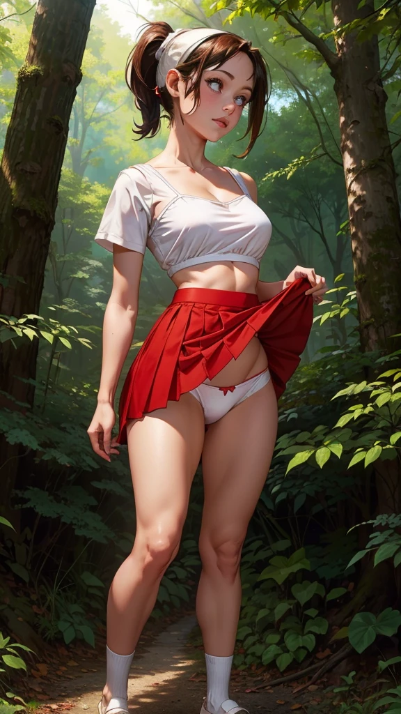 Photo style　cute　Ponytail in the woods　mini skirt　Red clothes　, (skirt lifted by itself: 1.1), (skirt lift: 1.3), (showing white panties: 1.3)