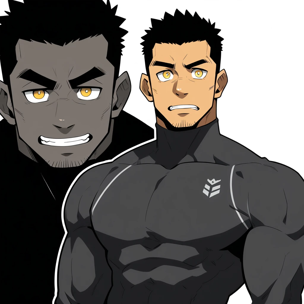 one negro, anime characters：Gyee, Hibino Kafka, One Muscle Sports Student, negro black skin, Very Black, muscular tough guy, Manliness, male focus, Grey long sleeve turtleneck tight t-shirt, Regular symmetrical pattern, Very tight, muscular male, muscular, only, Upper body, alone, Black short hair, Thick eyebrows, stubble, Yellow eyes, White background, simple background, amazing quality, best aesthetics, Ridiculous, bright pupils, crew cut, parted lips, stifled laugh, embarrassed, best quality