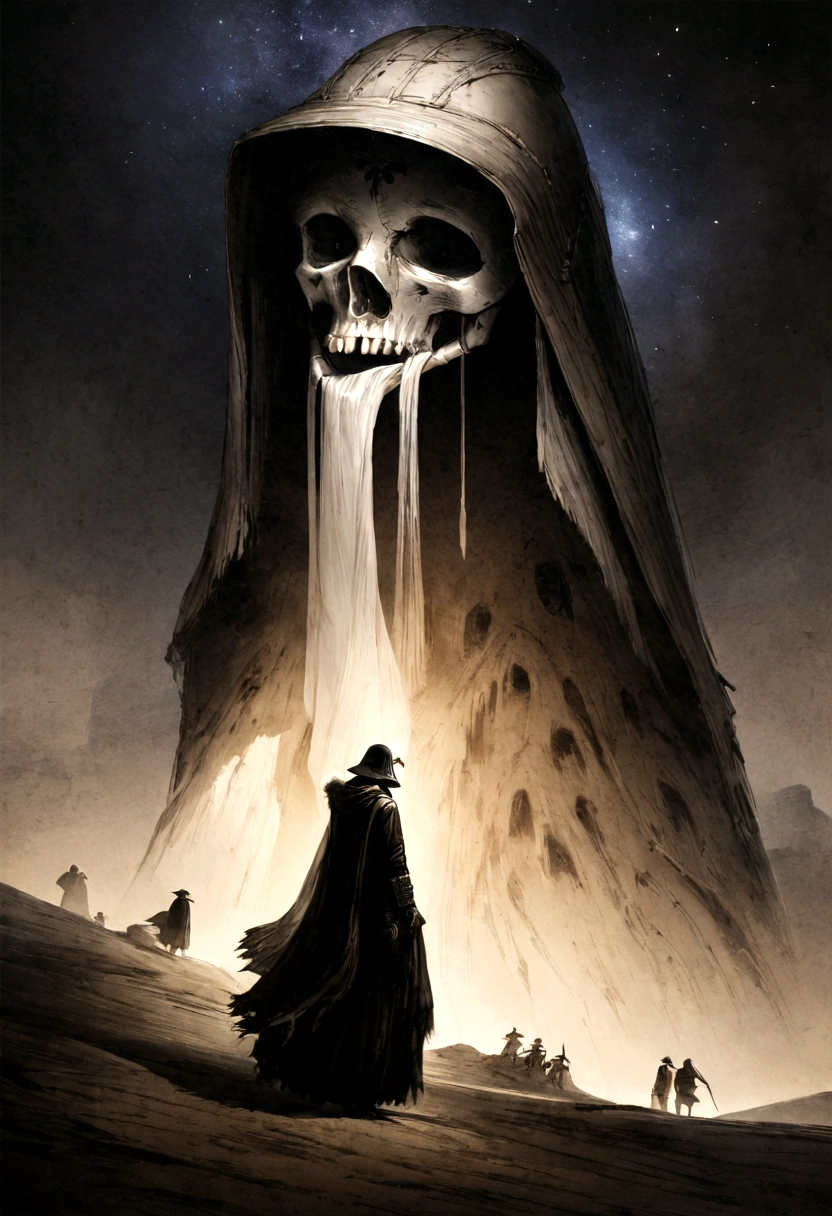 Neil gaiman art. 32k high resolution best quality unreal engine 5. #The Sandman is standing with Death#Death from the Sandman comic. They are looking into a cosmos of stars. The abyss of space and dreams and hidden nightmares. The Sandman is wearing the skull of a raven as a helmet