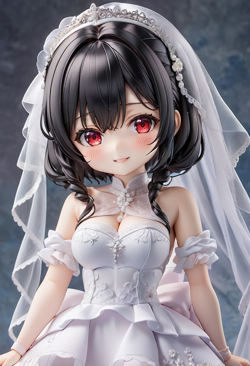 (nendoroid:2) (June Bride style) (18 yo, big tits, solo straight black hair long hair dominance girl, detailed cute red eyes, love smile) (in a sexy bride A stunning silk dress), (in the room), BREAK, perfect anatomy, masterpiece, best quality, 16k, beautiful detailed grow, daydreaming expression.