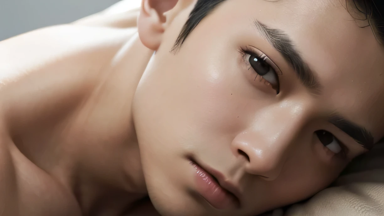 Handsome Asian Male Model adult Black Hair short hair Short cut Staring straight into the camera Beautiful Skin Nothing but people No clothes whatsoever nude Nothing but people Gray plain background Face close-up A close-up of the face facing the camera Sleeping face