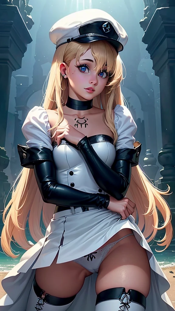 (La mejor calidad,A high resolution,Ultra - detallado,actual),Ariana Grande, (masterpiece, best quality), intricate details,
1girl, Mercedes, light brown hair, blue eyes, long hair, hat, peaked cap, military, uniform, military uniform, choker, thighhighs, boots, thigh boots, white footwear, chest tattoo, ,(Fondo de ruinas de mazmorra en ruinas:1.4 ),( Ariana Grande :1.4),( perfect anatomy :1.4), (cinematic lighting :1.4), score_9, score_8_up, score_7_up, score_6_up, rating_explicit, 1girl, ((18YO:1.2)), Adult, full lips, ((blond hair:1)), (long wavy hair: 1.2),(perfect anatomy V2.1), (ojos hermosos :1.4), (skirt lifted by itself: 1.1), (skirt lift: 1.3), (showing white panties: 1.3)