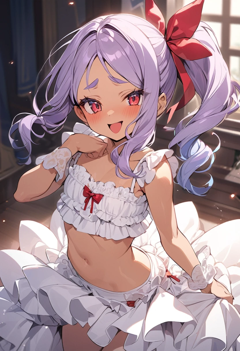 (anime style),masterpiece, best quality, extremely detailed,tanned skin, lolik skin Beautiful body,Cinderella bust,BREAK,multicolored dark Purple hair,little side ponytail,short hair with long locks,BREAK,red eyes,naughty smile,shy,,thick eyebrow,smug,open mouth,eyes widen,sensual face,smile face,detailed lips,False eyelashes,BREAK,cotton red big ribbon,BREAK, yellow camisole dress,midriff baring outfit,frilled clothing,bridal gown,lmicroskirt,break,head tilt,coquettish pose