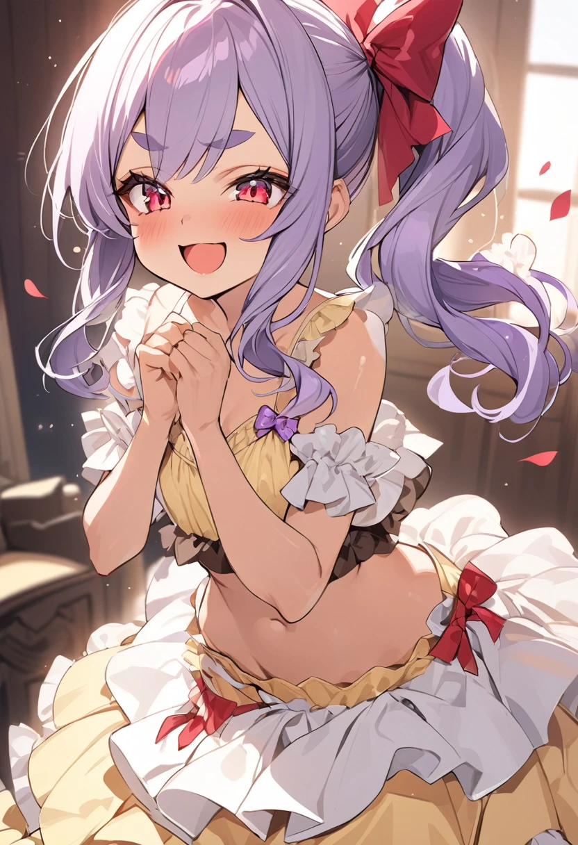 (anime style),masterpiece, best quality, extremely detailed,tanned skin, lolik skin Beautiful body,Cinderella bust,BREAK,multicolored dark Purple hair,little side ponytail,short hair with long locks,BREAK,red eyes,naughty smile,shy,,thick eyebrow,smug,open mouth,eyes widen,sensual face,smile face,detailed lips,False eyelashes,BREAK,cotton red big ribbon,BREAK, yellow camisole dress,midriff baring outfit,frilled clothing,bridal gown,lmicroskirt,break,head tilt,coquettish pose