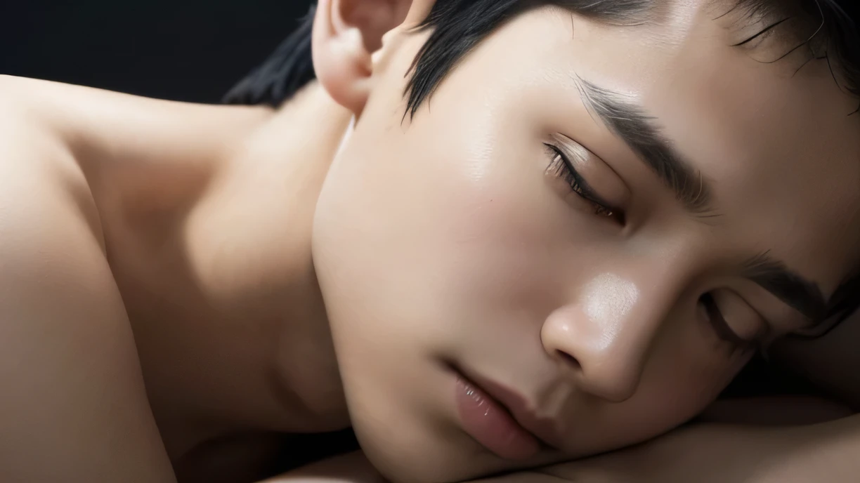 Handsome Asian Male Model adult Black Hair short hair Short cut Staring straight into the camera Beautiful Skin Nothing but people No clothes whatsoever nude Nothing but people Gray plain background Face close-up A close-up of the face facing the camera Are sleeping顔 Are sleeping