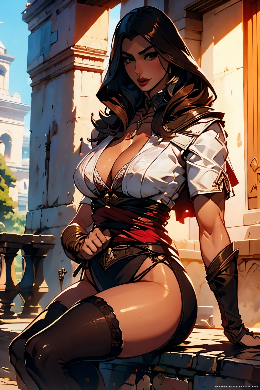 La mujer, ropa, poca ropa (medias, stockings), tacones, higheels, jungle, jungla al fondo, muy detallado, Realistic long-term photography., 4k, pelo largo, brown hair, By the chestnut,(capucha,hood), labios rojos, sexy,red lips, brown eyes, big breasts, pechos grandes, breasts,Lucia Auditore