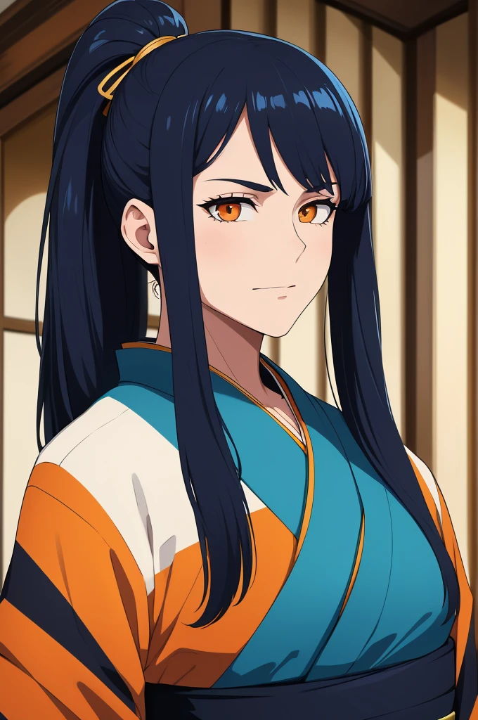 masterpiece, (solo), absurdres, portrait, ((upper body)), ((close up)), detailed background, fine detail, HDR, male, black and blue hair, long hair, ponytail, orange eyes, blue kimono, confident expression 