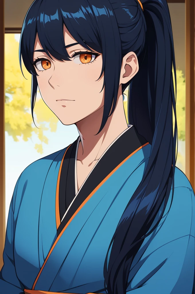 masterpiece, (solo), absurdres, portrait, ((upper body)), ((close up)), detailed background, fine detail, HDR, male, black and blue hair, long hair, ponytail, orange eyes, blue kimono, confident expression