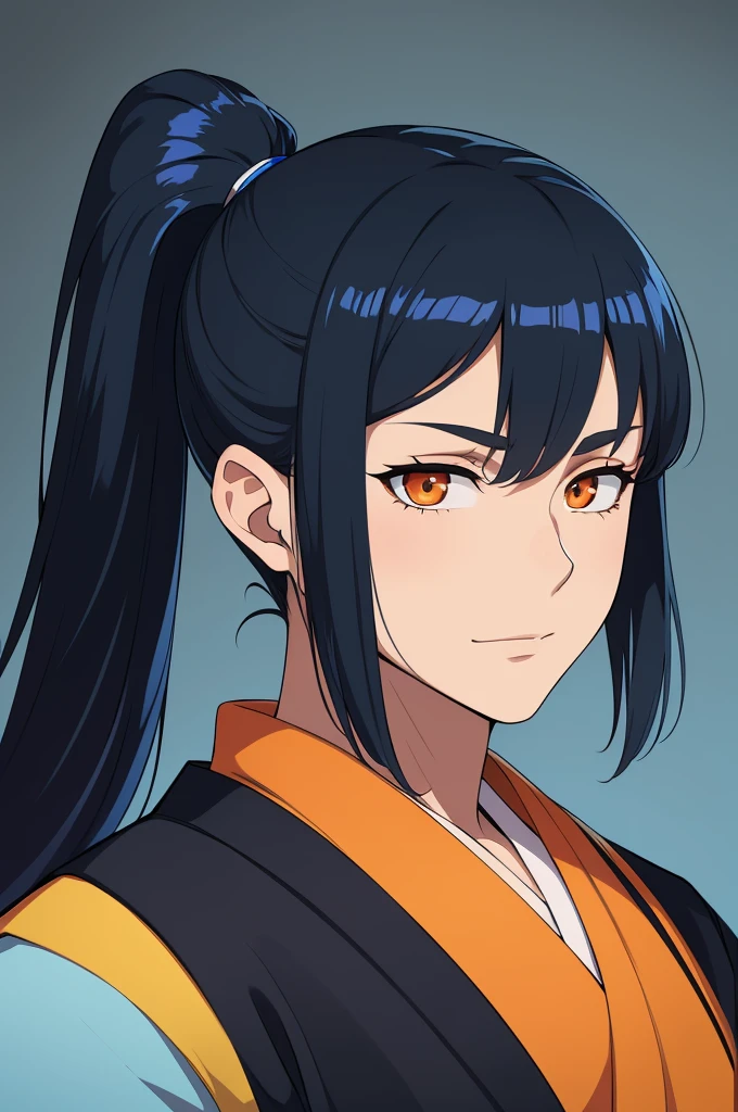 masterpiece, (solo), absurdres, portrait, ((upper body)), ((close up)), detailed background, fine detail, HDR, male, black and blue hair, long hair, ponytail, orange eyes, blue kimono, confident expression 
