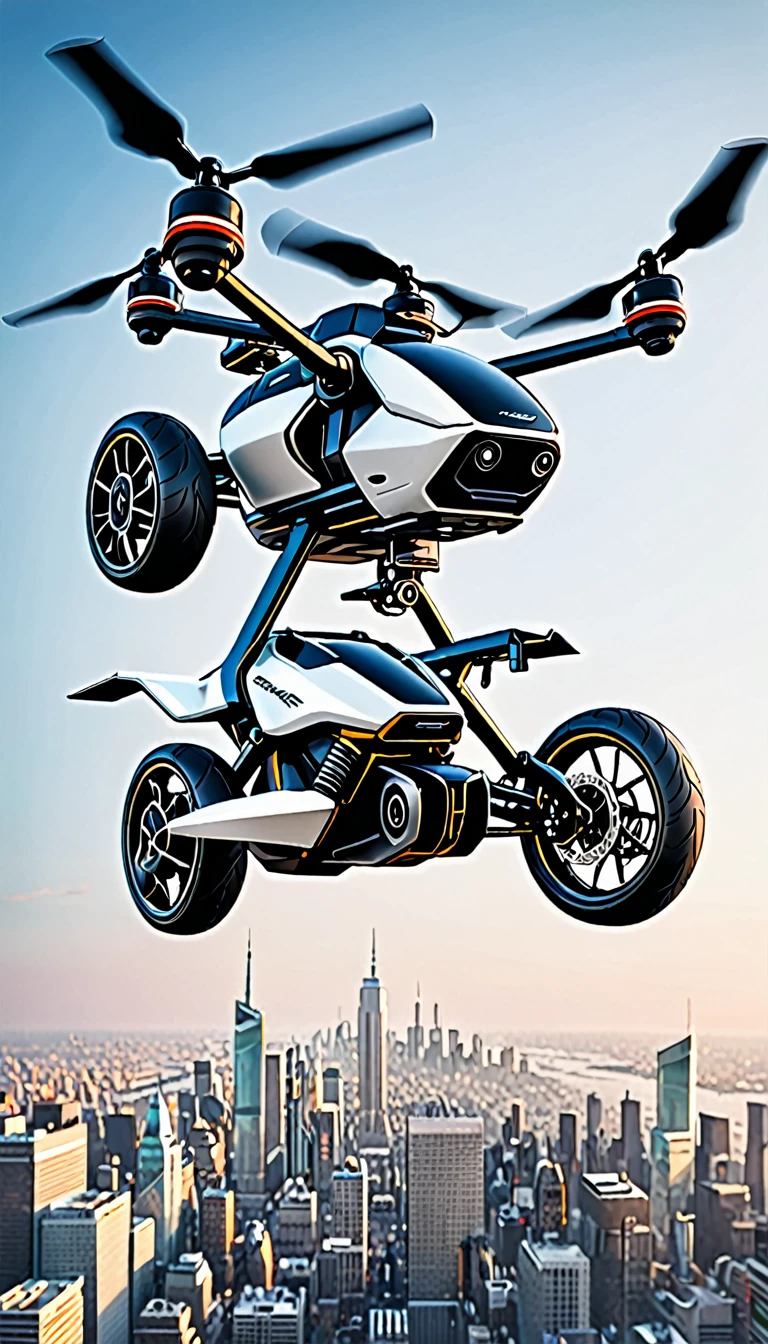 an illustration rich in details of a drone adapted as a motorcycle for transporting people