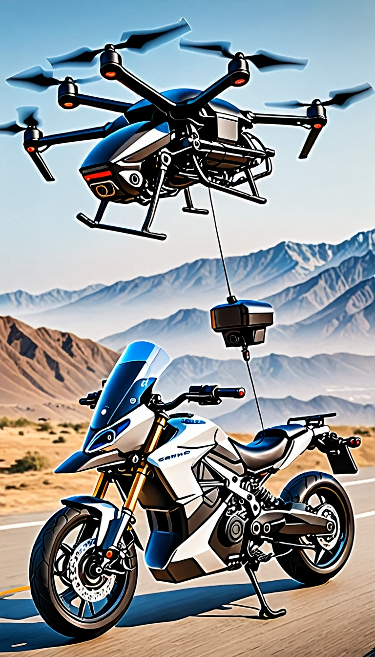 an illustration rich in details of a drone adapted as a motorcycle for transporting people