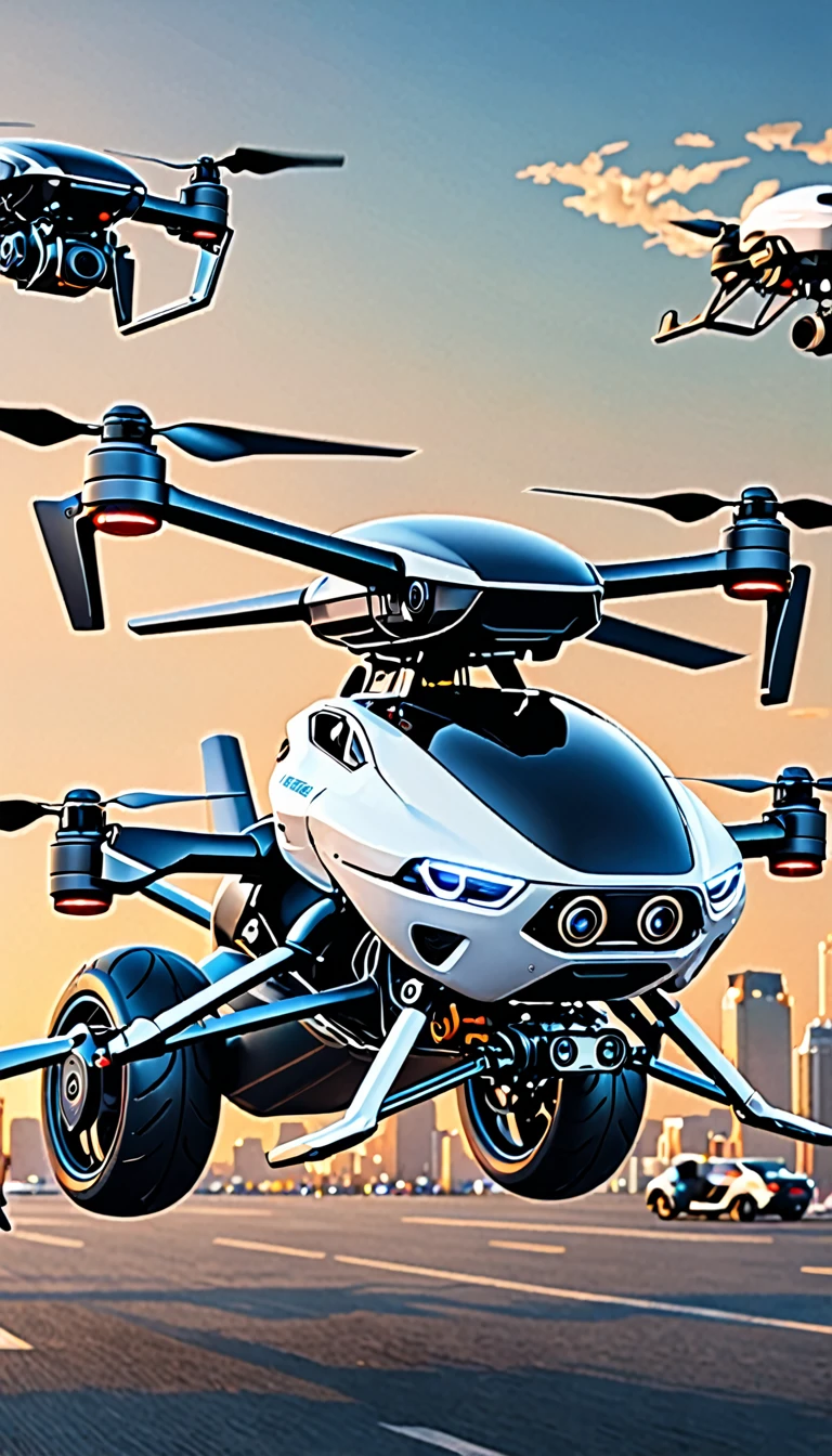an illustration rich in details of a drone adapted as a motorcycle for transporting people