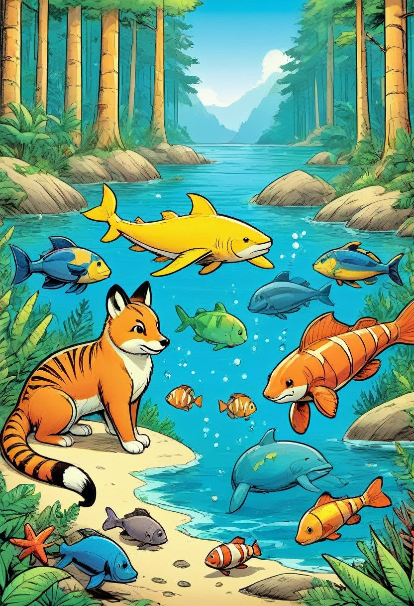 Comic Book, animals, in the forest, underwater scene, marine life