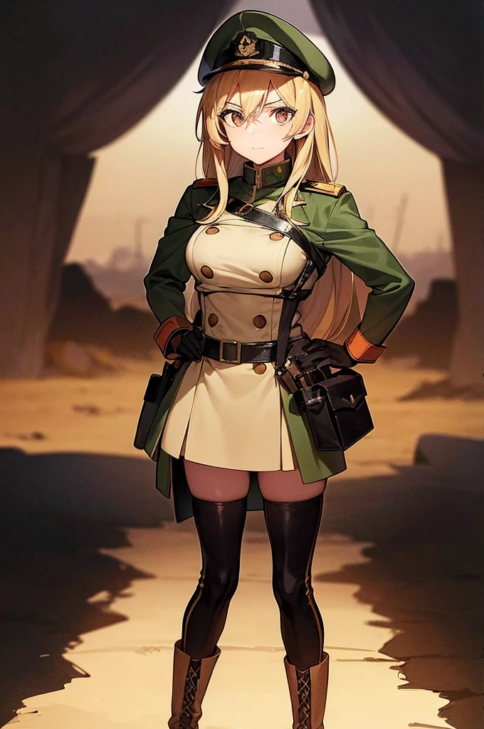 Content:
An anime woman in a military uniform. She has dark brown eyes, tanned skin, blonde hair that ends halfway down her back, and military boots. Her military uniform has themes of brown to reflect the desert background, and she carries binoculars. Her appearance is loosely inspired by Erwin Rommel. She wears a confident smile, looking very mature, with her hands on her hips.
Medium:
Digital art, anime illustration.
Style:
Pixiv contest winner, fine art, with elements inspired by historical military aesthetics and anime character design.
Lighting:
Dramatic, with strong contrasts to highlight her authoritative presence and the details of her uniform. Subtle shadows to add depth and realism.
Colours:
A palette dominated by military greens, browns, and blacks to reflect the desert environment.
Composition:
A full body shot. She salutes to the camera, showcasing her confidence and authority.