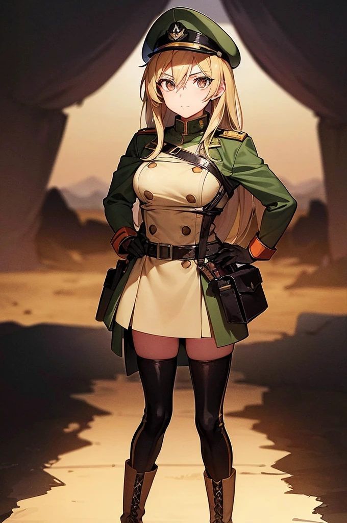 Content:
An anime woman in a military uniform. She has dark brown eyes, tanned skin, blonde hair that ends halfway down her back, and military boots. Her military uniform has themes of brown to reflect the desert background, and she carries binoculars. Her appearance is loosely inspired by Erwin Rommel. She wears a confident smile, looking very mature, with her hands on her hips.
Medium:
Digital art, anime illustration.
Style:
Pixiv contest winner, fine art, with elements inspired by historical military aesthetics and anime character design.
Lighting:
Dramatic, with strong contrasts to highlight her authoritative presence and the details of her uniform. Subtle shadows to add depth and realism.
Colours:
A palette dominated by military greens, browns, and blacks to reflect the desert environment.
Composition:
A full body shot. She salutes to the camera, showcasing her confidence and authority.