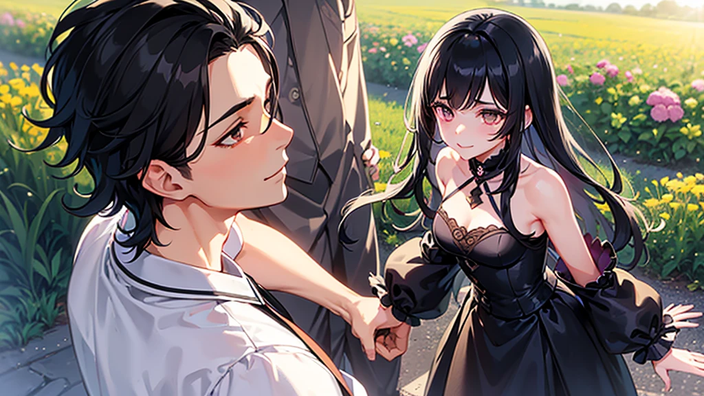 A boy and a girl, 1 woman (She has long black hair), Lovers,Eye contact,1 man (he has short black hair).wearing a formal dress, Anime style,Delicate facial features,Beautiful eyes,Expression smile,Delicate facial features,Pretty Face,daytime, Standing in a field of flowers,Backlight