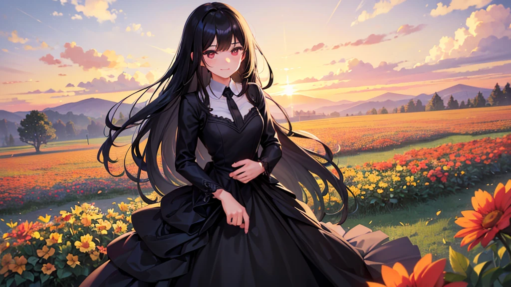 A boy and a girl, 1 woman (She has long black hair), Lovers,Eye contact,1 man (he has short black hair).wearing a formal dress, Anime style,Delicate facial features,Beautiful eyes,Expression smile,Delicate facial features,Pretty Face,daytime, Standing in a field of flowers,Backlight
