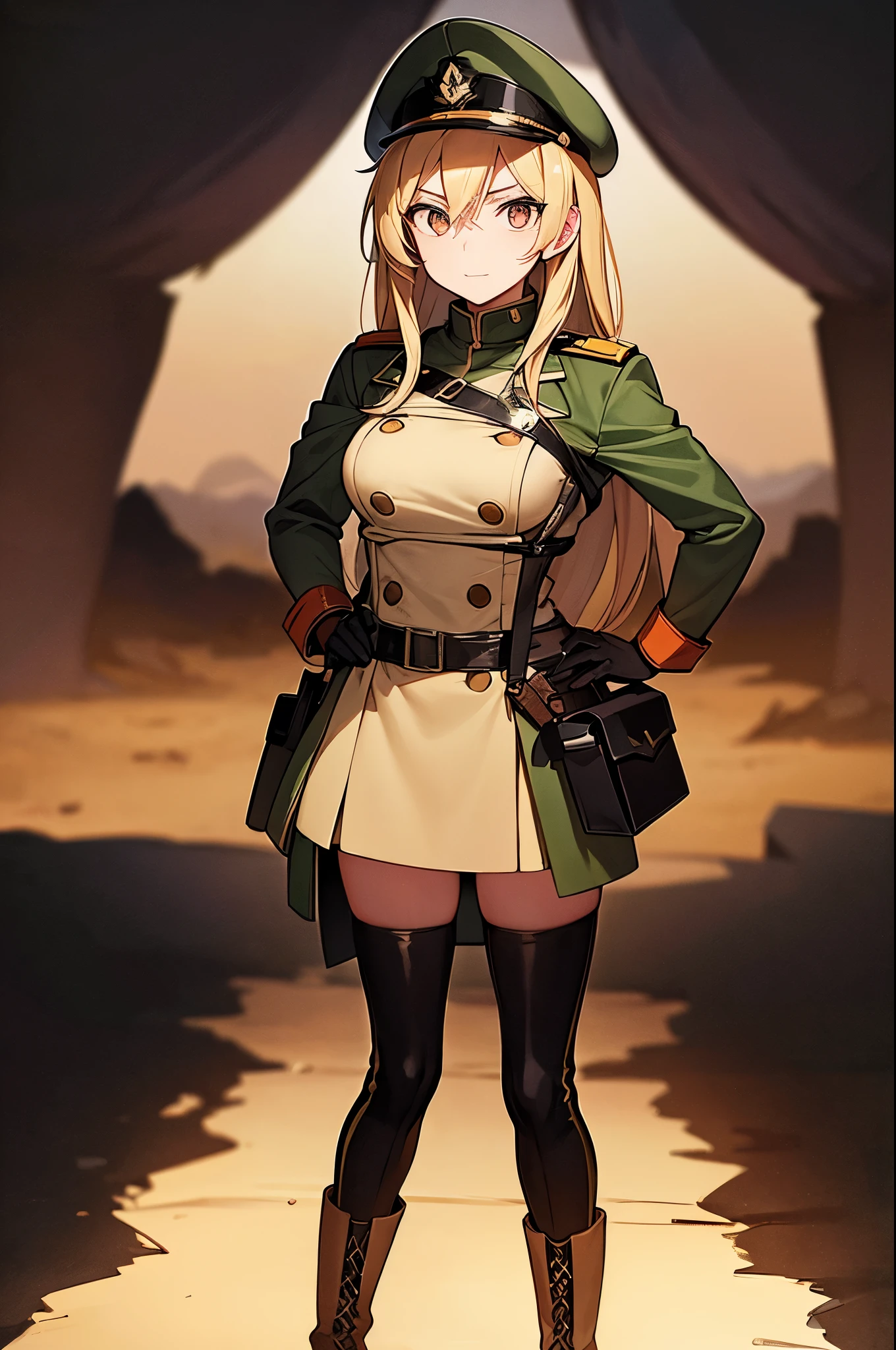 Content:
An anime woman in a military uniform. She has dark brown eyes, tanned skin, blonde hair that ends halfway down her back, and military boots. Her military uniform has themes of brown to reflect the desert background, and she carries binoculars. Her appearance is loosely inspired by Erwin Rommel. She wears a confident smile, looking very mature, with her hands on her hips.

Medium:
Digital art, anime illustration.

Style:
Pixiv contest winner, fine art, with elements inspired by historical military aesthetics and anime character design.

Lighting:
Dramatic, with strong contrasts to highlight her authoritative presence and the details of her uniform. Subtle shadows to add depth and realism.

Colours:
A palette dominated by military greens, browns, and blacks to reflect the desert environment.

Composition:
A full body shot. She salutes to the camera, showcasing her confidence and authority.