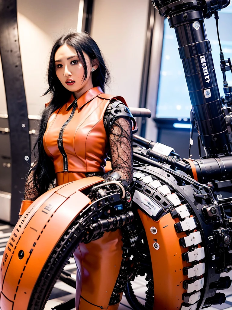 (8k, RAW photo, best quality, masterpiece:1.2), mecha, cyberpunk, ultra-detailed, 1 girl, cute, solo, beautiful detailed sky, detailed cafe, night, sitting, dating, (nose blush), (smile:1.1), (closed mouth), large breasts, seductive smile, large aparture, professional lighting, Sony A7R4, Zessie 50mm F1.8, medium breasts, beautiful detailed eyes, (collared shirt:1.1), bowtie, pleated skirt, (short hair:1.2), floating hair 