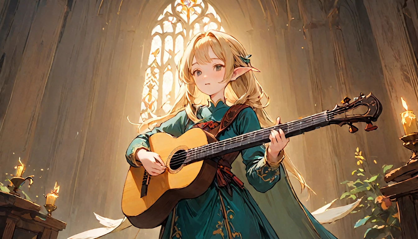 Female Adventurer, whole body, Game Art Style, (masterpiece), Highest quality, High resolution, 4K, 8k, Detail View, Intricate details, Cinema Lighting, Great quality, 1 girl, bird、Bird、Playing the lute、Playing the lute、((Close your eyes and sing passionately:1.2))、Elf Ears、Ash Blonde Hair, Great shade, Soft lighting, Facing camera, Perfect Eyes,Lower your eyes and pull,Looking down