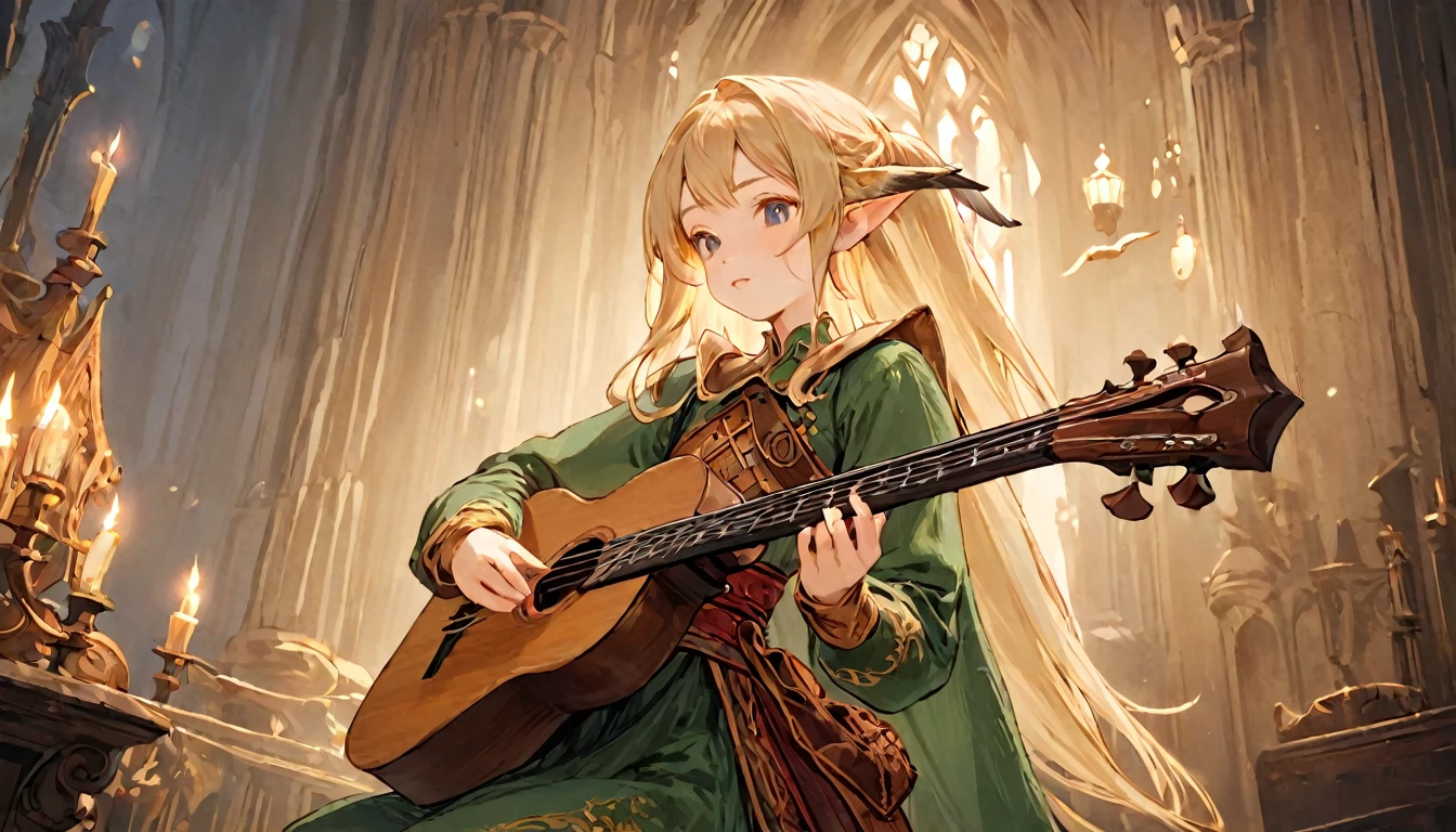 Female Adventurer, whole body, Game Art Style, (masterpiece),  Highest quality, High resolution, 4K, 8k, Detail View, Intricate details, Cinema Lighting, Great quality, 1 girl, bird、Bird、Playing the lute、Playing the lute、((Close your eyes and sing passionately:1.2))、Elf Ears、Ash Blonde Hair, Great shade, Soft lighting, Facing camera, Perfect Eyes,Lower your eyes and pull,Looking down