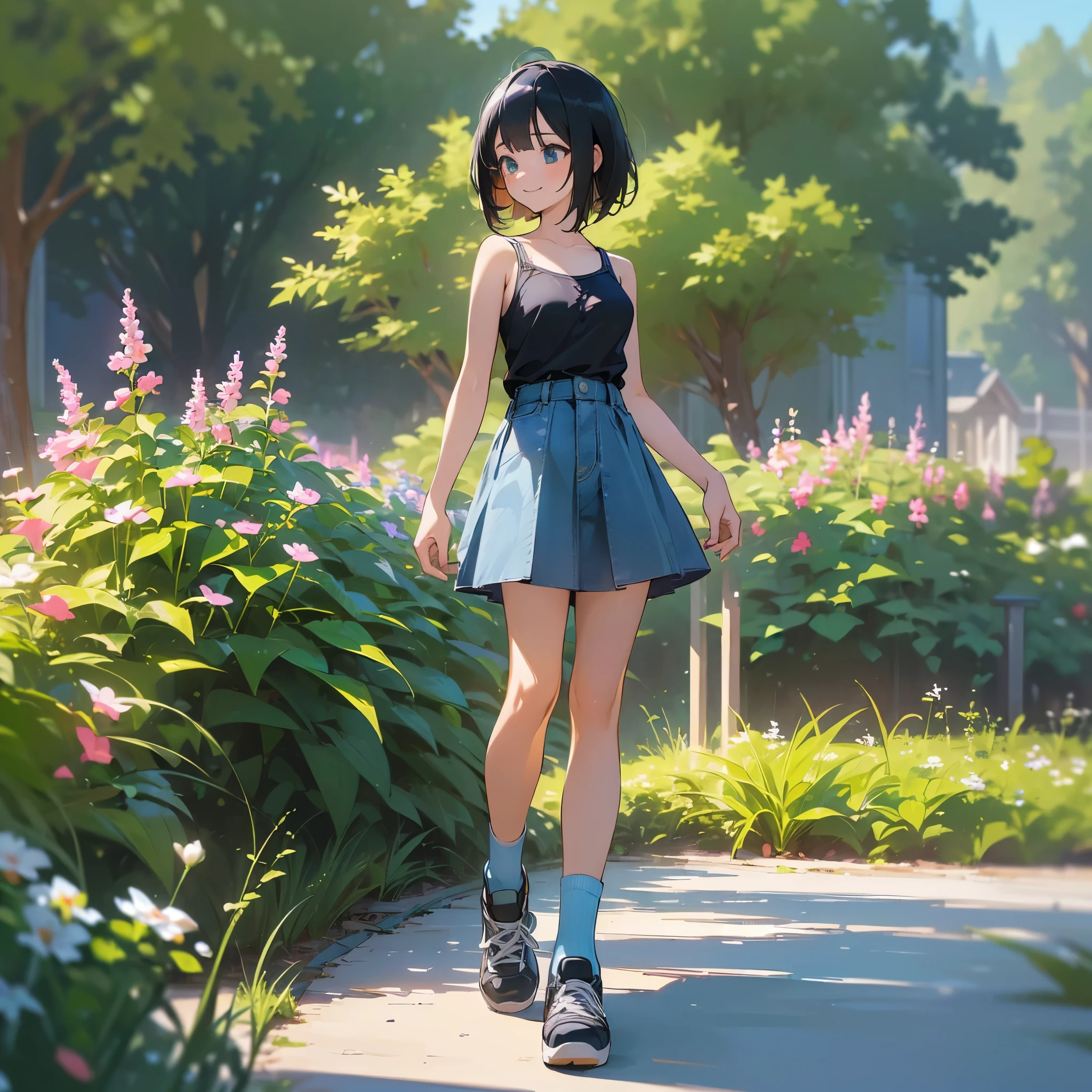 (high quality, High resolution, Very detailed, reality:1.37), Peaceful atmosphere, (Outdoor, garden),  girl standing alone, (my breasts are big.), Beautiful details, Cute Smile, (Black bob hair), camisole, Denim skirt, Blue socks, sneakers.