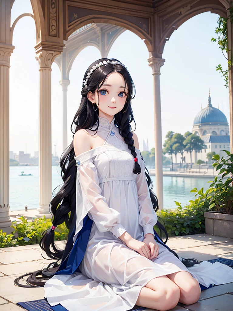 Black Hair、blue eyes、girl、Lady、Braiding、I have long hair。、girl、White dress、smile、Vertical Roll、Drill Hair、Wavy Hair、Sitting、palace、reservoir、Super Long Hair、Hair that reaches the ground、Headband、all back、Show your forehead
